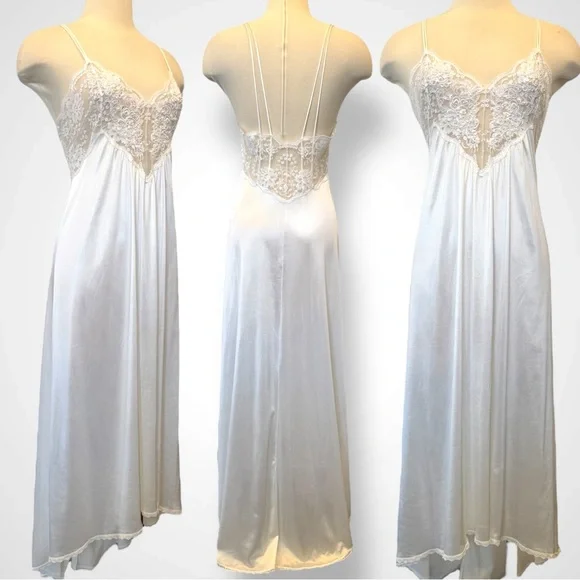 80s Victoria’s Secret Silky Nylon White Lace Vintage Bridal Maxi Gown Slip Dress - Picture 9 of 9